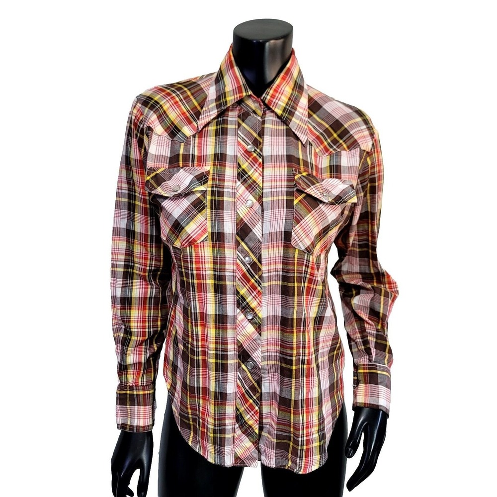 Vintage Kmart Western Pearl Snap Shirt Brown Red Yellow Plaid Long Sleeve Womens